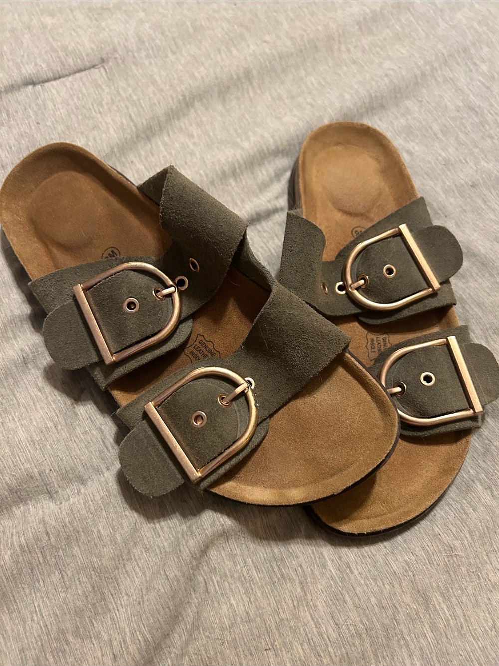 Double-Buckle Slide Sandals in Olive Green